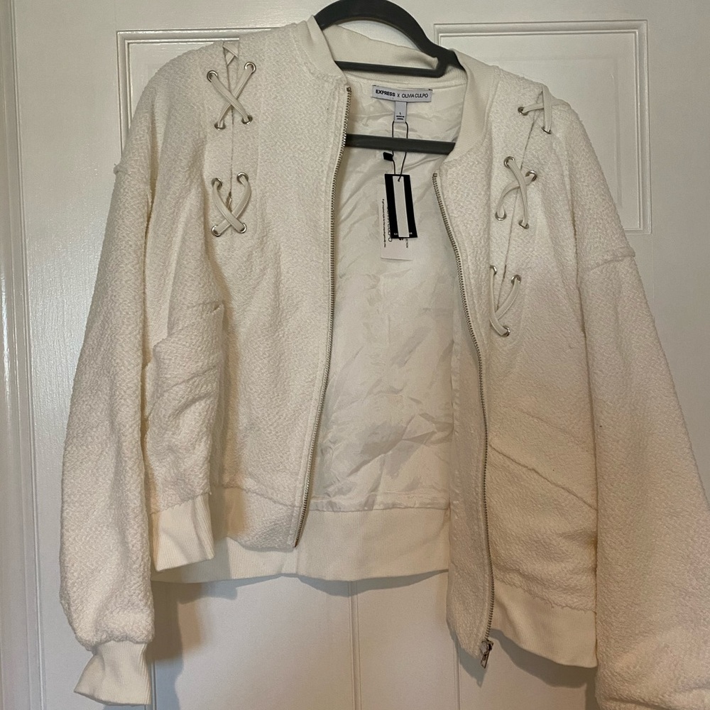 Express x Olivia Culpo Lace Up White Jacket NWT
